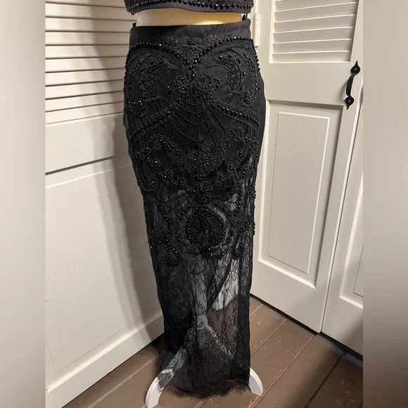 Vintage BEBE heavily beaded lace black skirt size 4 and top size 8 two piece set